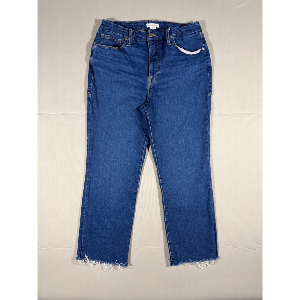 Good American Good Legs Straight Jeans Blue 12/31 High Rise Raw Hem GLS873T